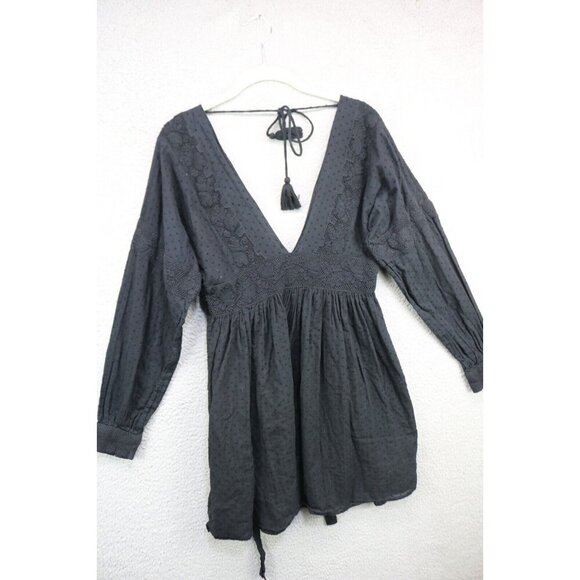 Free People Black Swiss Dot Long Sleeve Mini Dress-Medium-Goth-Boho - Picture 1 of 13
